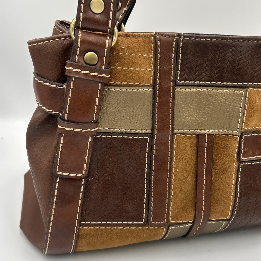 Vtg Y2K Relic Brown Faux Leather Patchwork Tote Hand Bag Purse Boho Colorblock - Picture 2 of 13